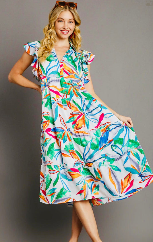 Colorfull Leaf Print Midi Dress